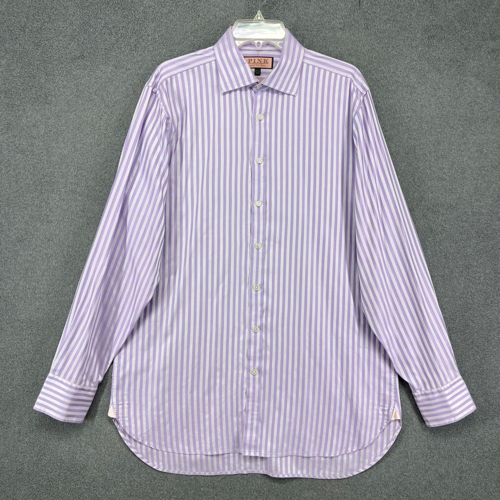 Thomas Pink Dress Shirt Mens 16.5 36.5 Lavender Striped Classic Fit Luxury